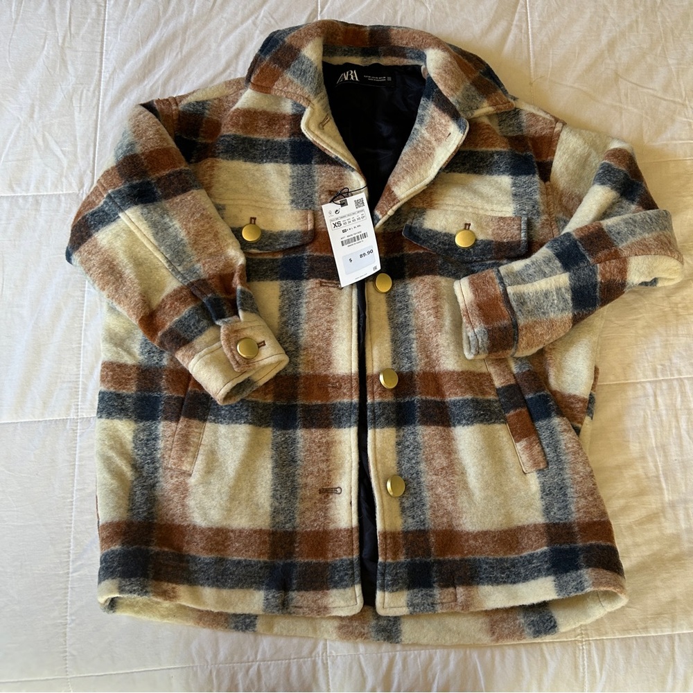 Zara Plaid Pea Coat - Cream, Brown, and Blue
